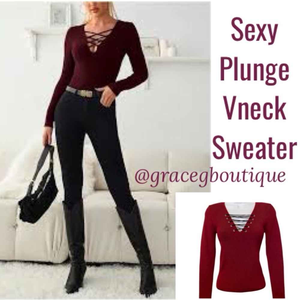 Sexy Lace Up Vneck Sweater Cozy Cross Front Plunge Burgundy Red Wine Size Small